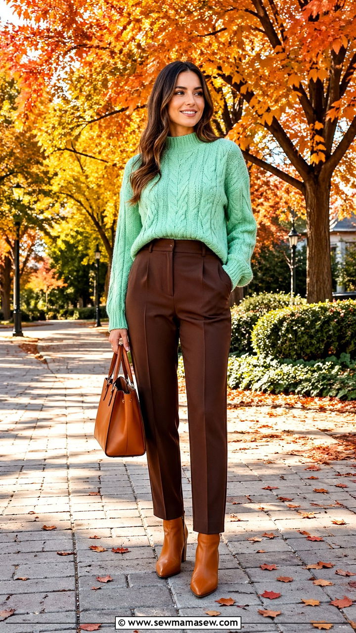 Mint Green Cable Knit Sweater With Brown Trousers - 40 All mint green outfit ideas