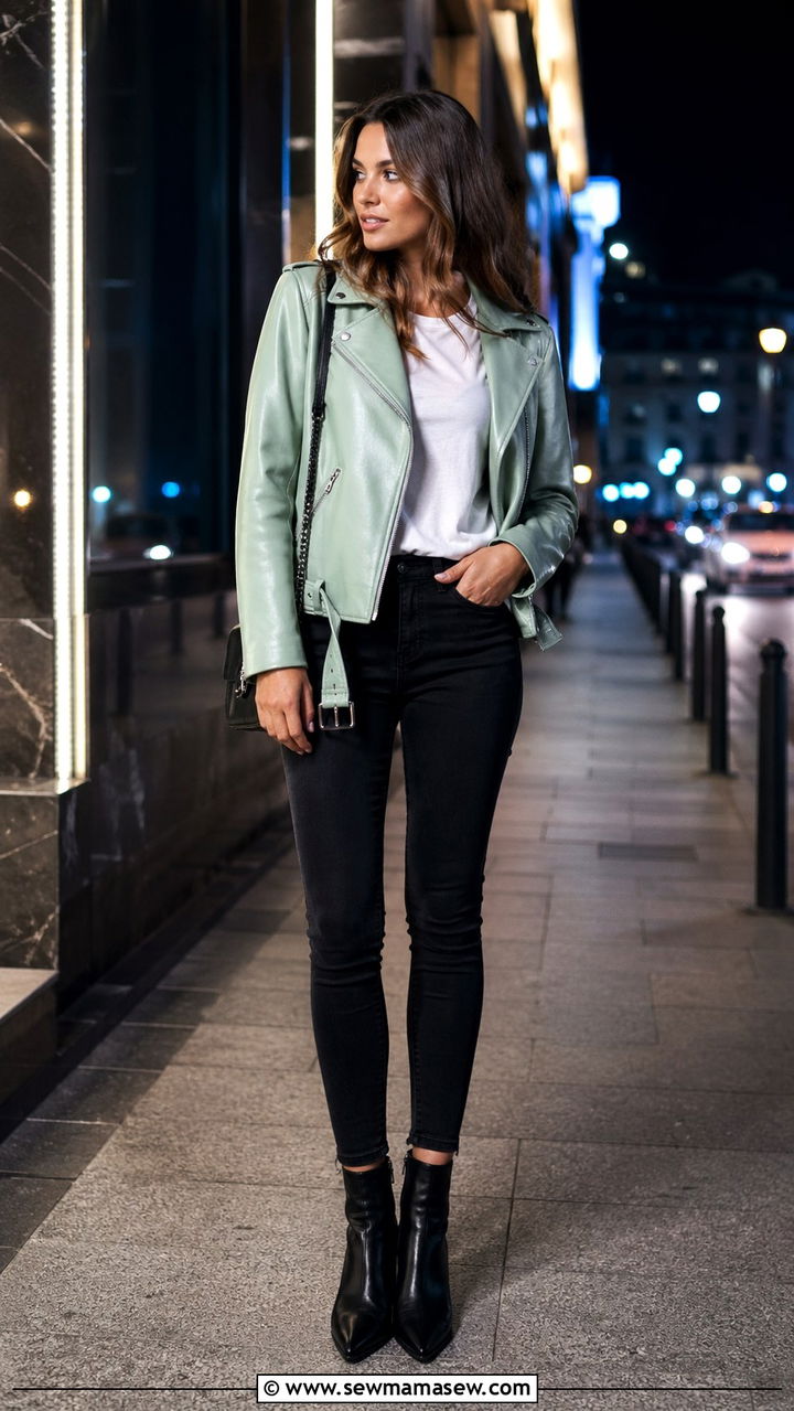 Mint Green Faux Leather Jacket With Black Skinny Jeans - 40 All mint green outfit ideas