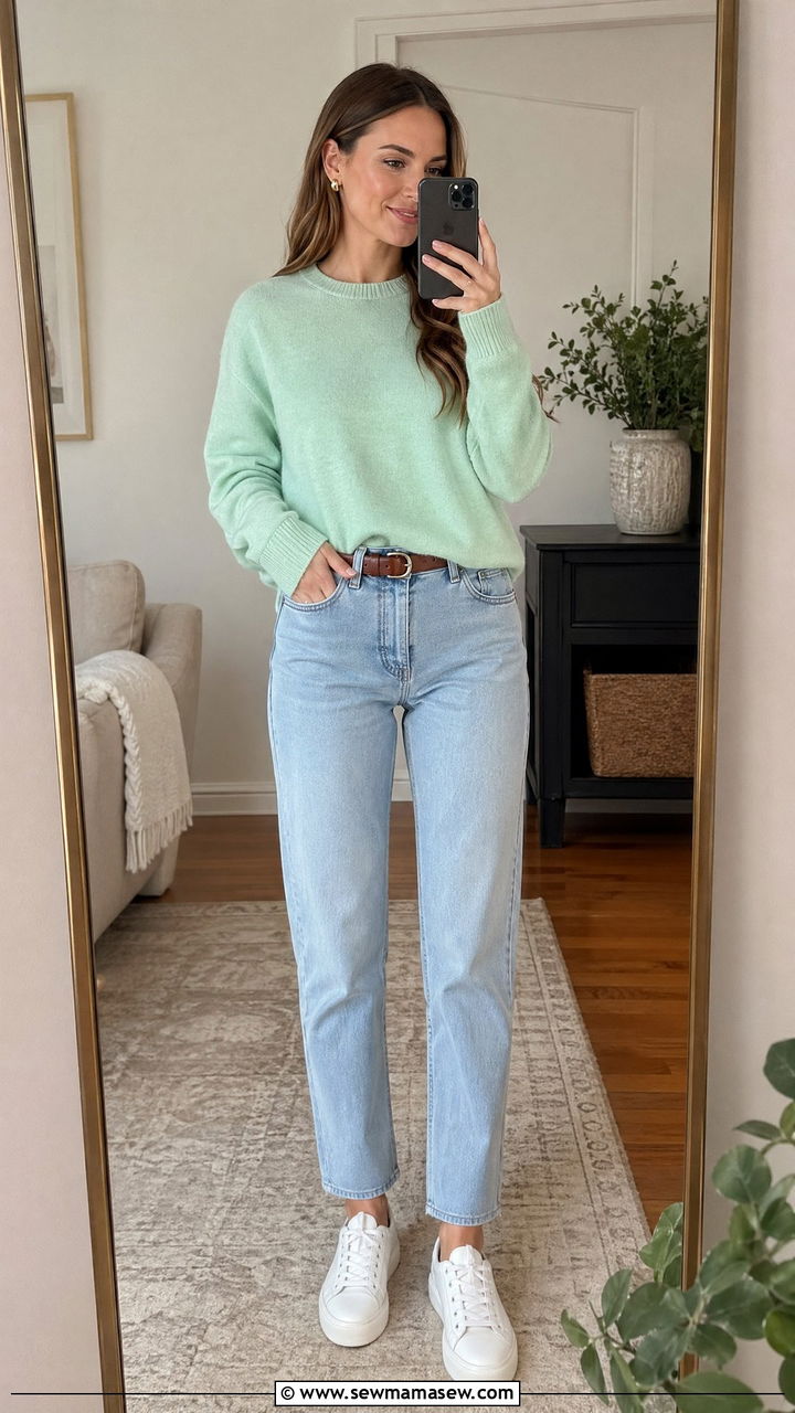 Mint Green Sweater and Jeans Outfit - 35 Spring outfits in pastel