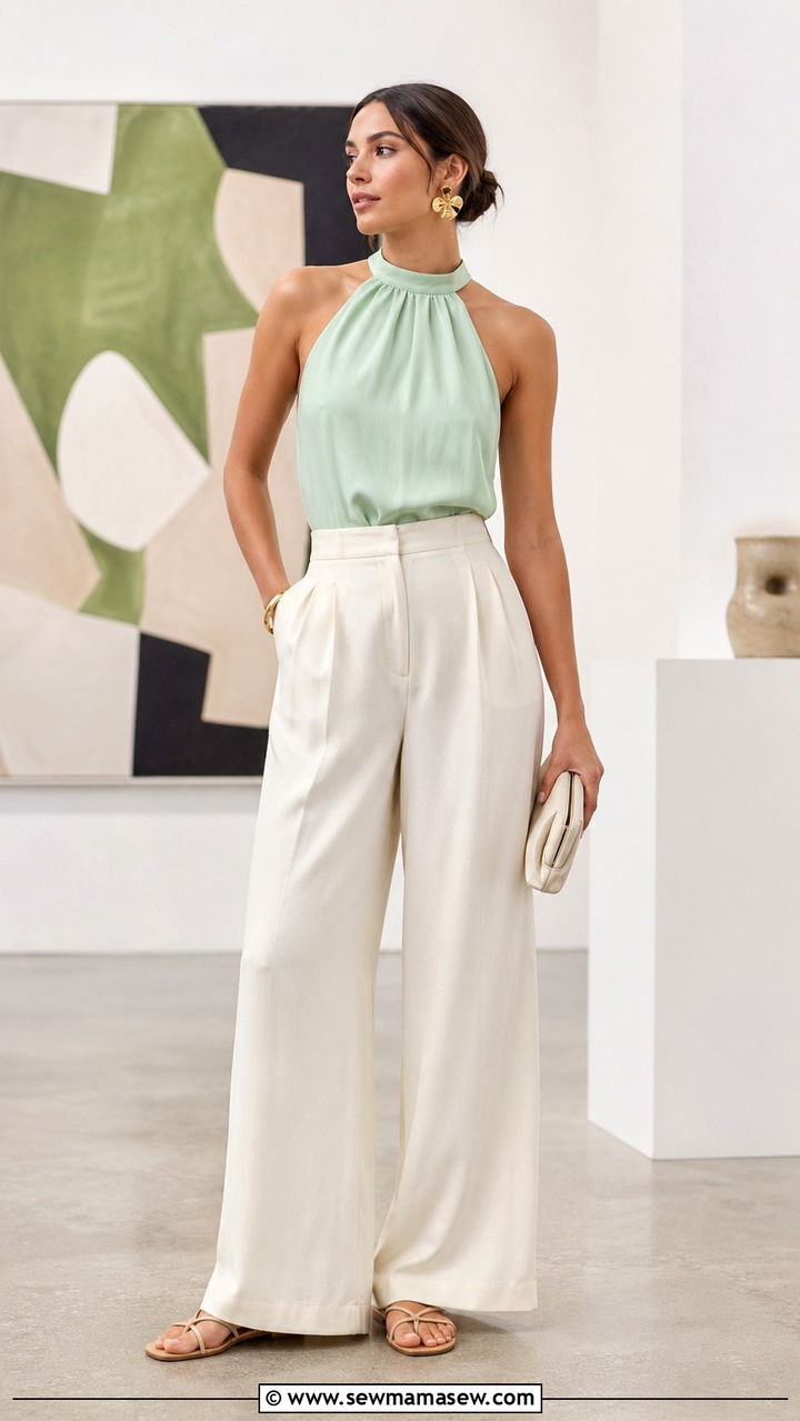 Mint Halter Top With Wide Leg Trousers Outfit - 30 Spring mint outfit ideas
