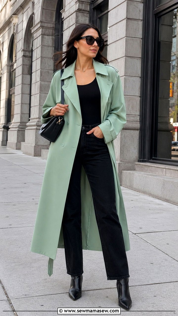 Mint Trench Coat Over All Black Outfit - 30 Spring mint outfit ideas