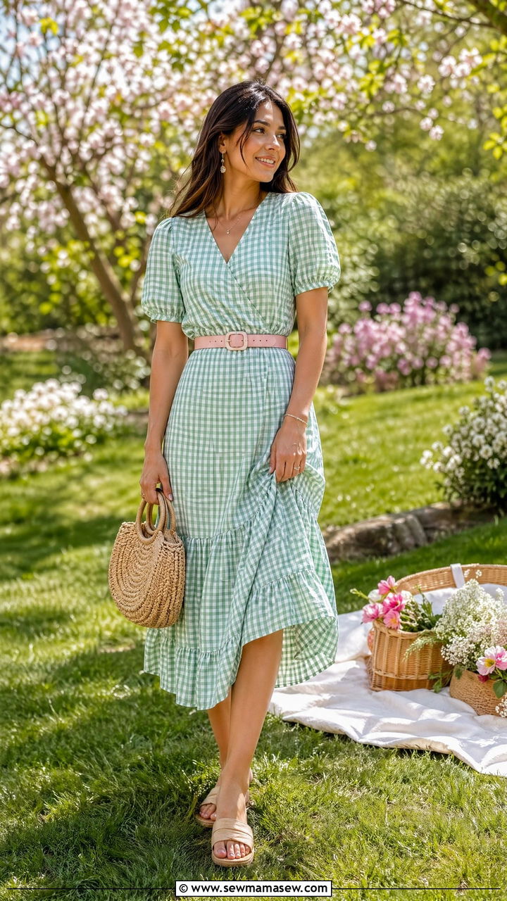 Mint gingham dress with pink belt outfit - 35 Spring pastel outfit ideas
