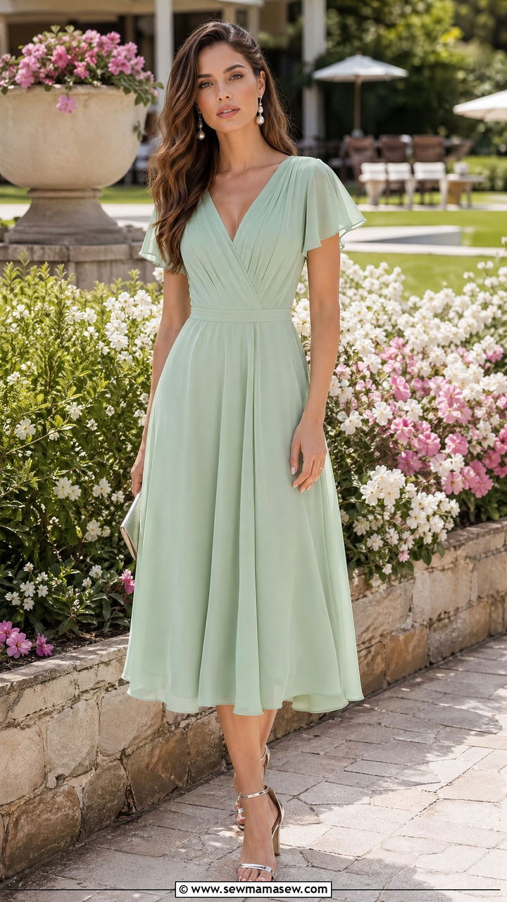 Mint green chiffon A line dress with pearl drop earrings - 35 Country club wedding guest outfit ideas