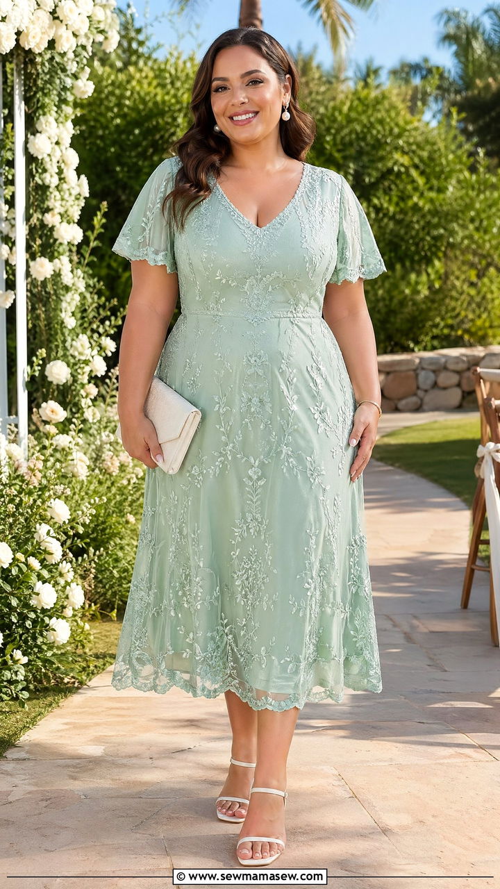 Mint green embroidered midi dress with white sandals - 35 Wedding guest outfits for curvy women