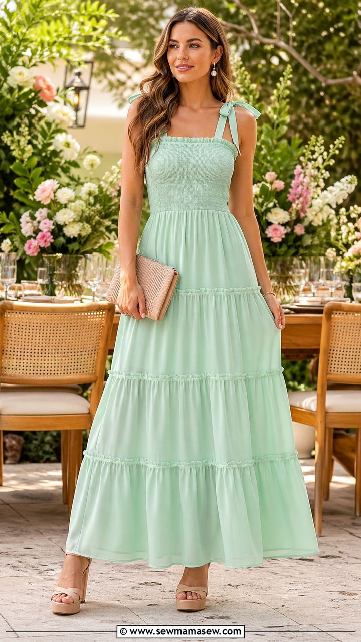 Mint green smocked bodice maxi dress with nude platform heels - 30 Sorority rush outfit ideas 2026