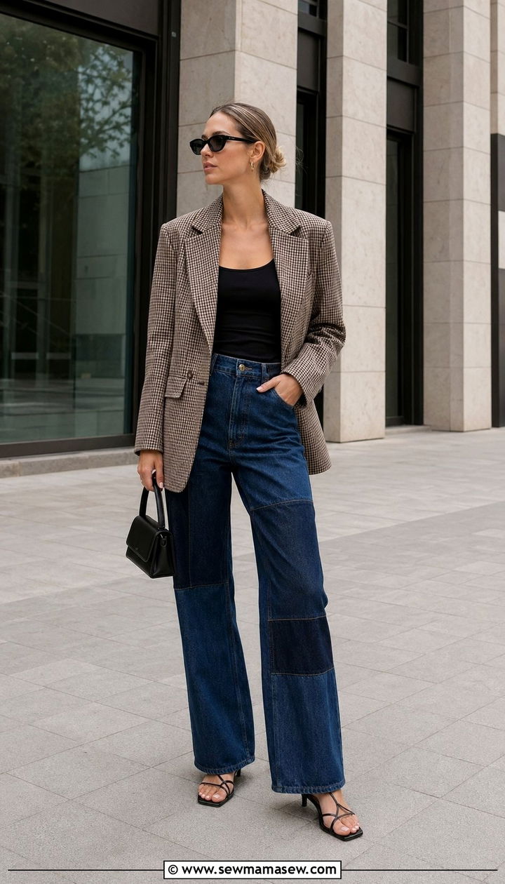 Mismatched Suiting with Checked Blazer and Patchwork Trousers Outfit - 35 Scandinavian outfit ideas