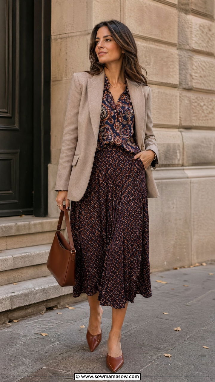 Mixed print boho with structured blazer - 35 transitional boho outfit ideas