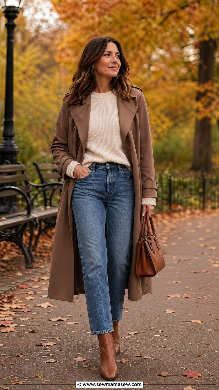 Mocha Trench Coat with Cream Knit and Jeans - 35 classy outfits for women over 30