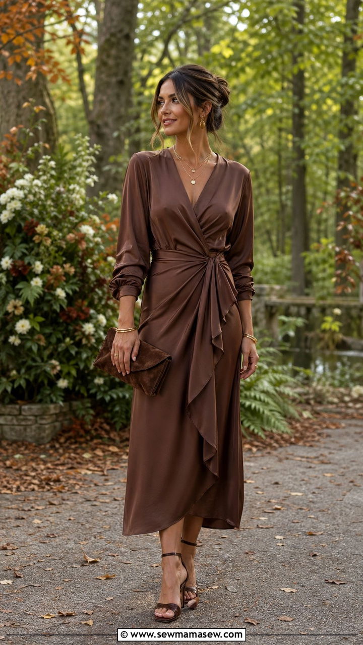 Mocha brown wrap dress wedding guest outfit - 35 Quiet luxury outfit ideas for wedding guest