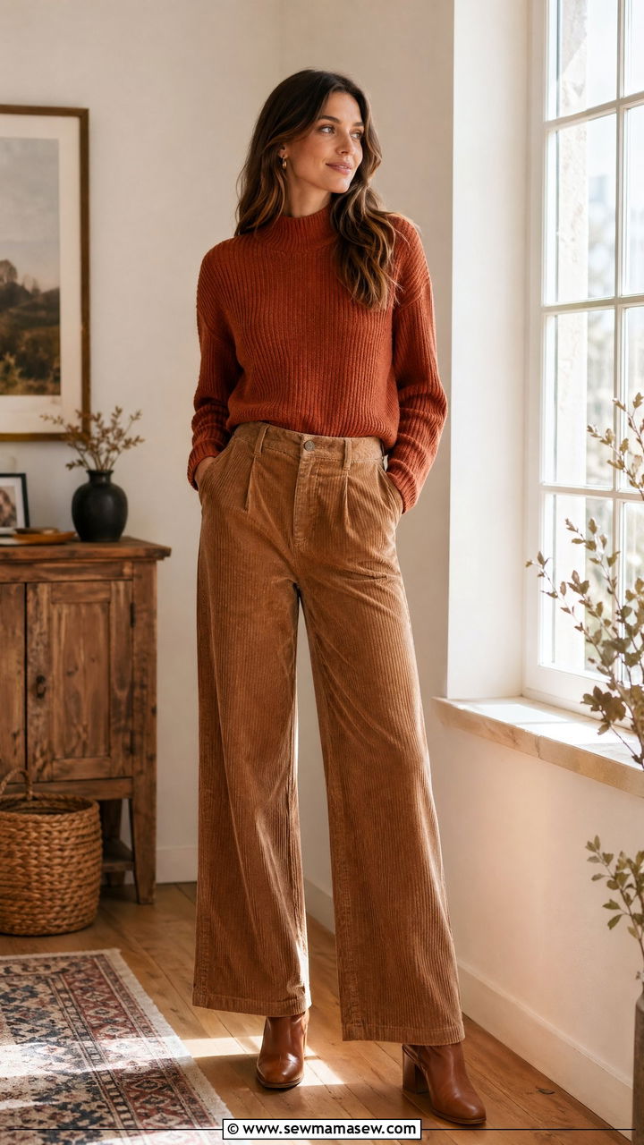Mock Neck Sweater With Corduroy Pants Outfit - 35 casual outfits for tall women