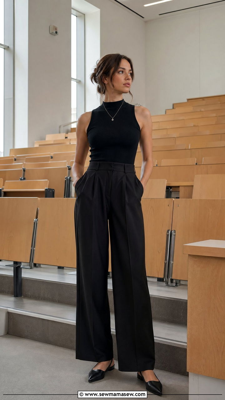 Mock Neck Top Outfit With Wide Leg Pants And Slingback Flats - 35 Dark academia outfit ideas