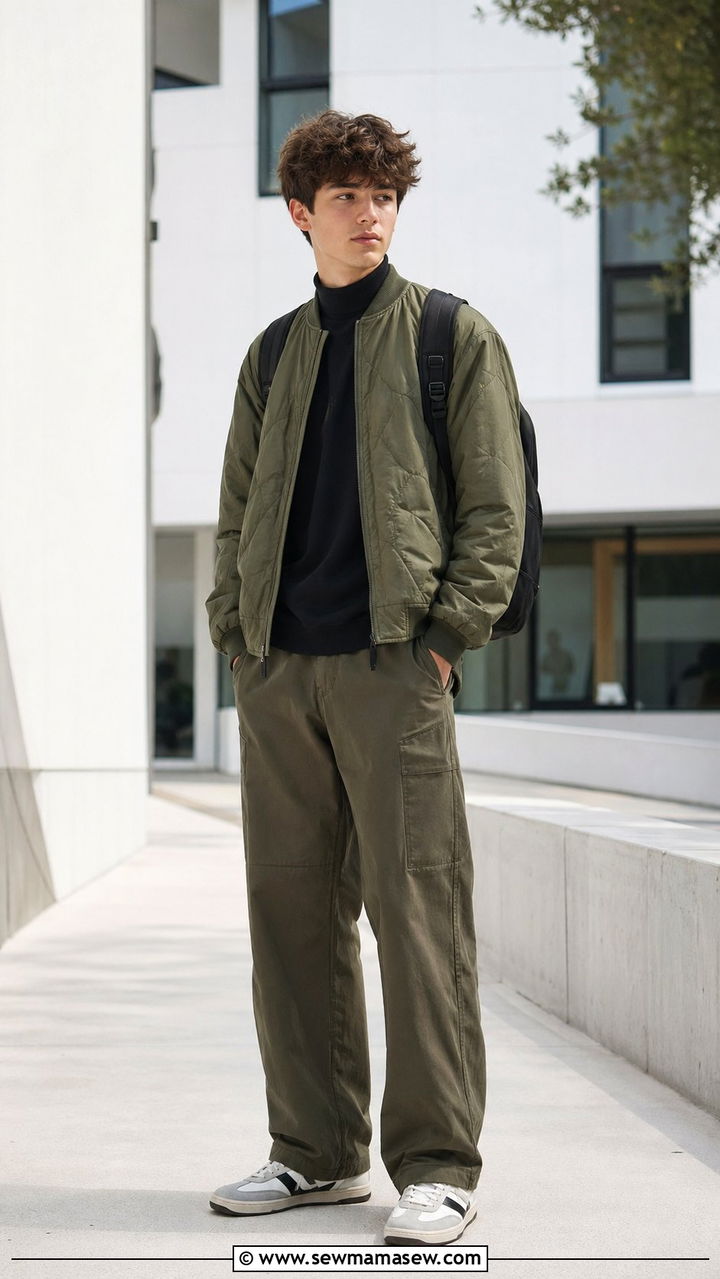 Mock Neck Top and Quilted Bomber Jacket Outfit - 30 back to school outfits aesthetic