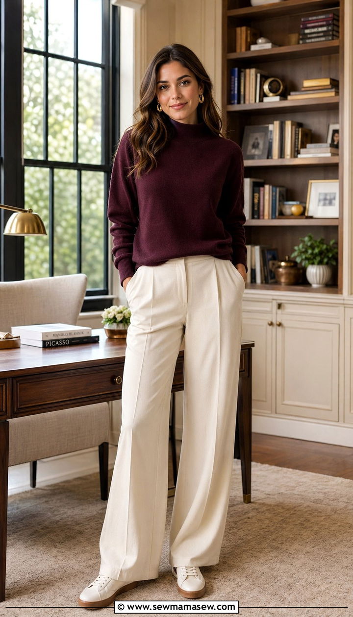 Mock neck pullover with wide leg trousers outfit - 30 Athleisure outfit ideas for work from home