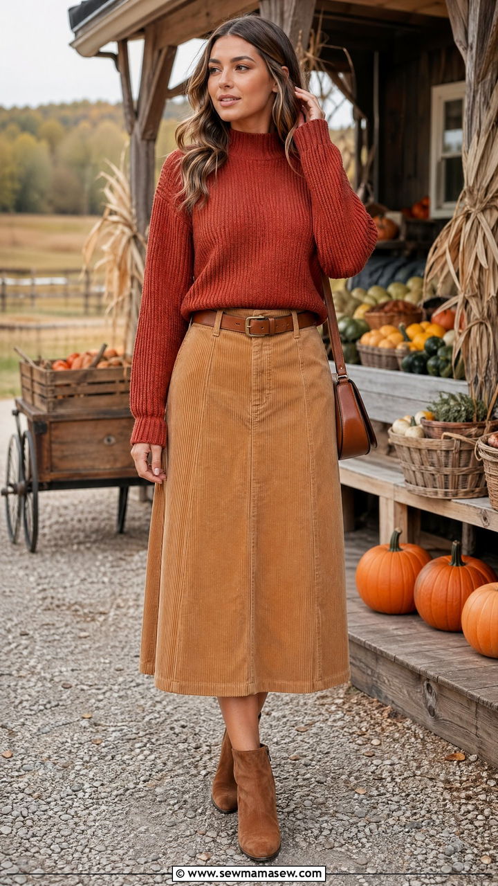 Mock neck sweater with corduroy midi skirt - 35 Sweater skirt outfit ideas