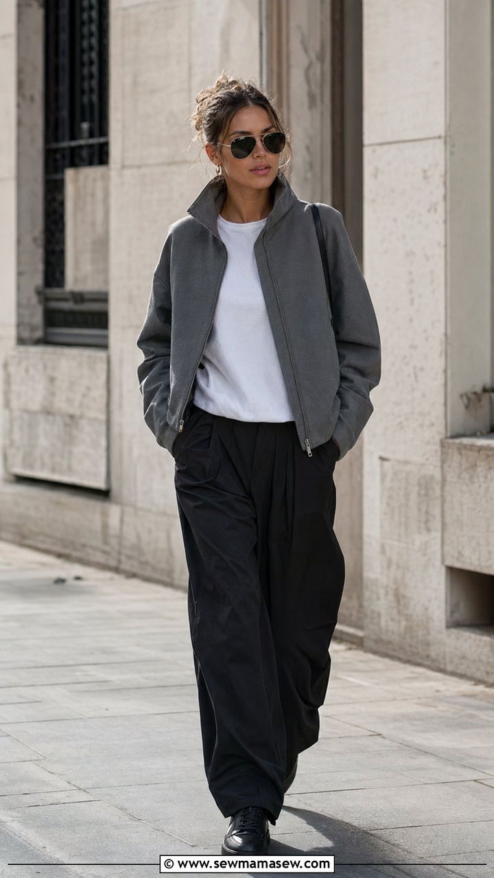 Model Off Duty Funnel Neck Jacket With Balloon Trousers - 30 Aesthetic outfit ideas 2026