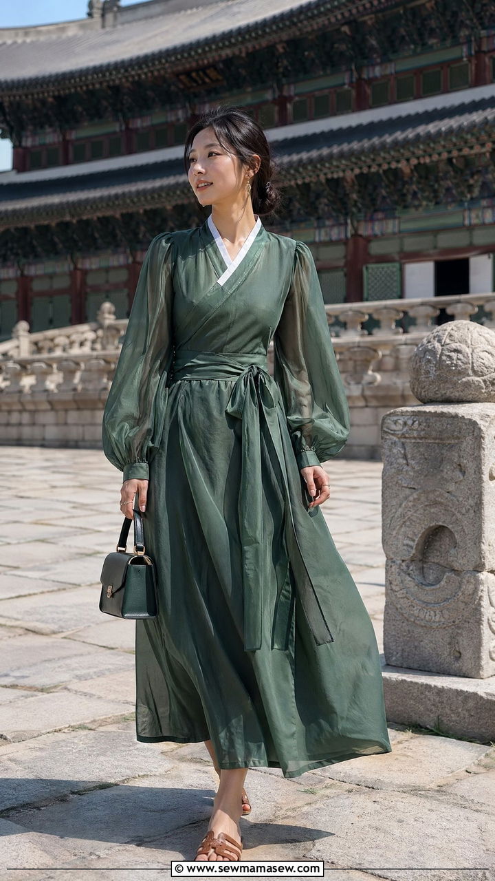Modern hanbok inspired wrap dress with flat sandals - 35 Seoul vacation outfit ideas