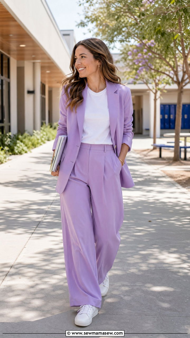 Modern pastel suit with white sneakers - 35 Teacher outfits for spring
