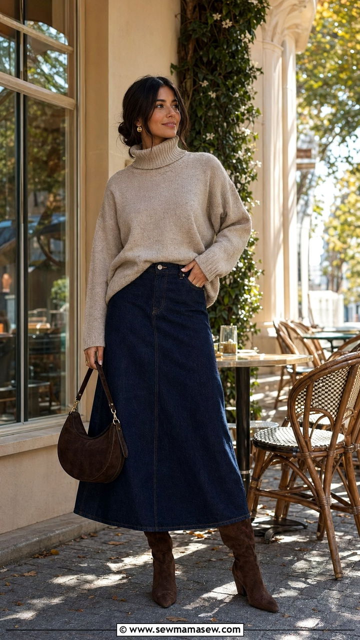 Modest Brunch Outfit With Denim Maxi Skirt - 35 Modest fashion outfit ideas