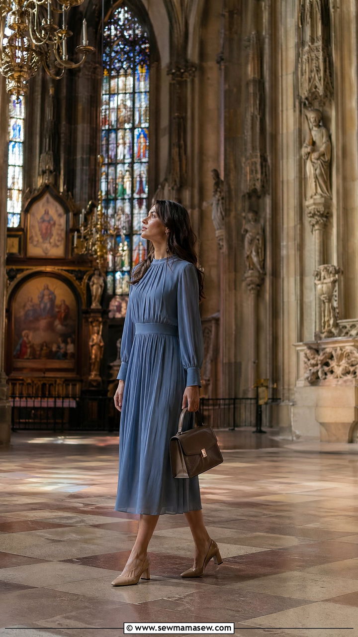 Modest Midi Dress With Structured Bag And Low Block Heels For Vienna Churches - 35 Vienna outfit ideas