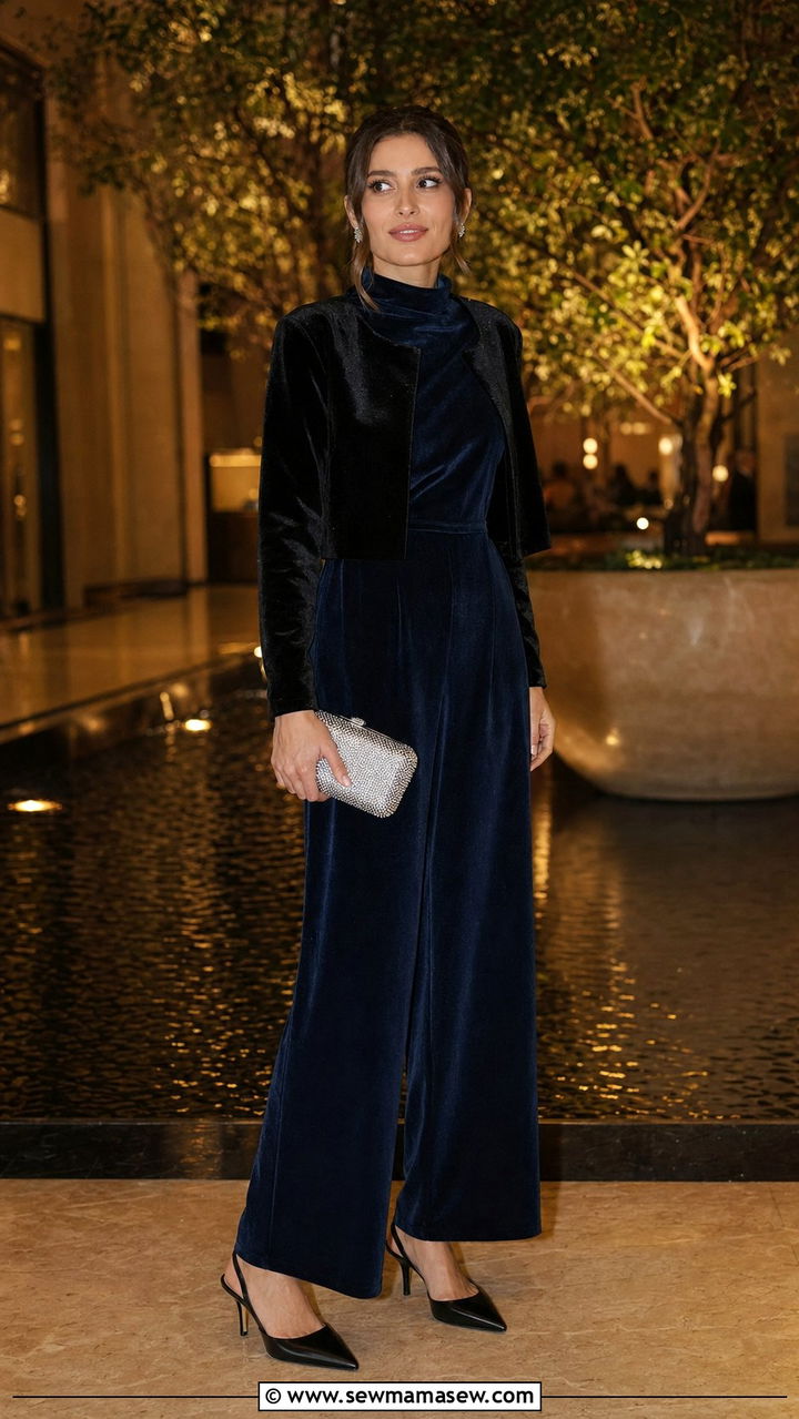 Modest Party Outfit With Velvet Wide Leg Jumpsuit - 35 Modest fashion outfit ideas