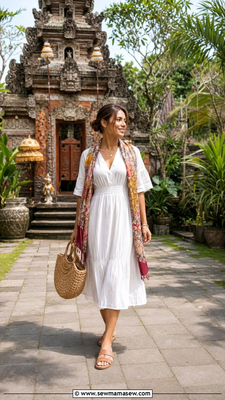 Modest white sundress with scarf for temple Bali - 30 Bali packing list outfits