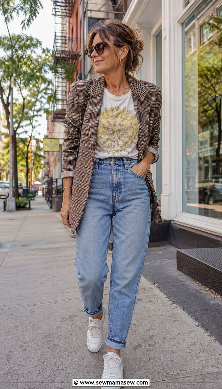 Mom Jeans With a Graphic Tee and Blazer - 30 Best jeans for women over 40