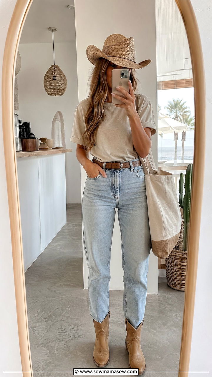 Mom Jeans with Beige Tee and Cowgirl Hat - 35 coastal cowgirl outfits for women