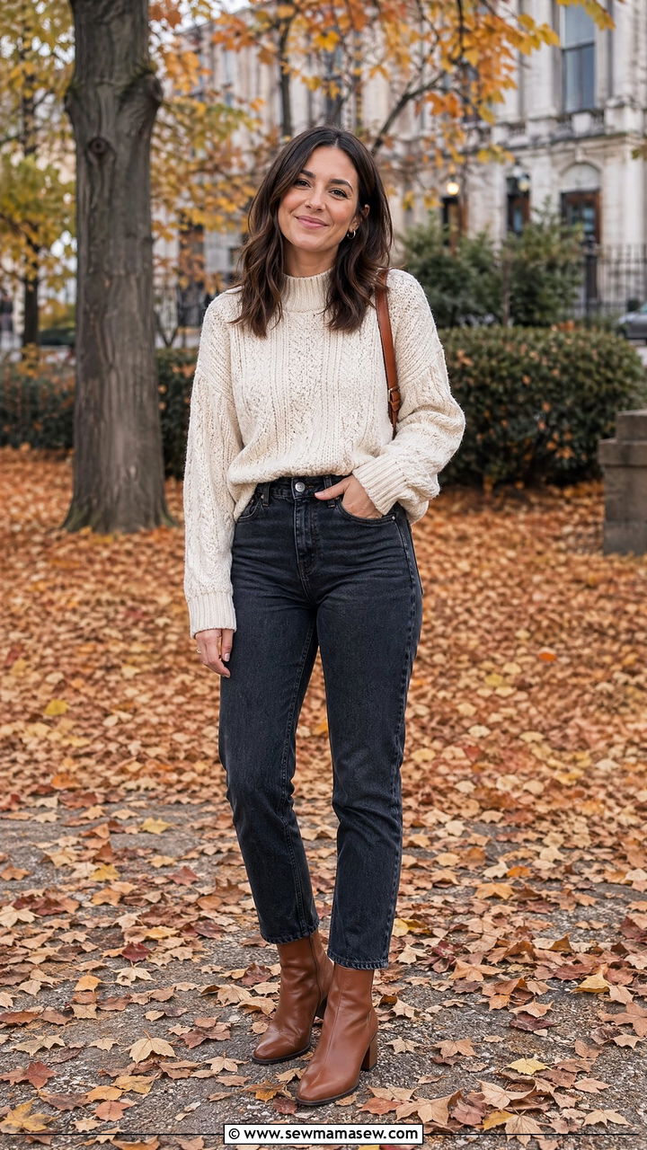 Mom Jeans with Chunky Sweater and Ankle Boots - 35 casual mom jeans outfits