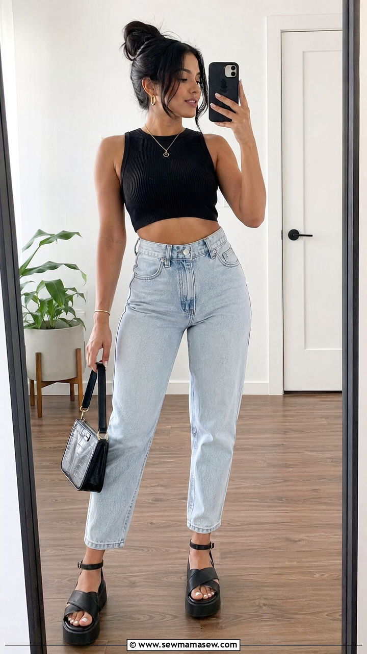 Mom Jeans with Crop Top and Chunky Sandals - 35 casual mom jeans outfits