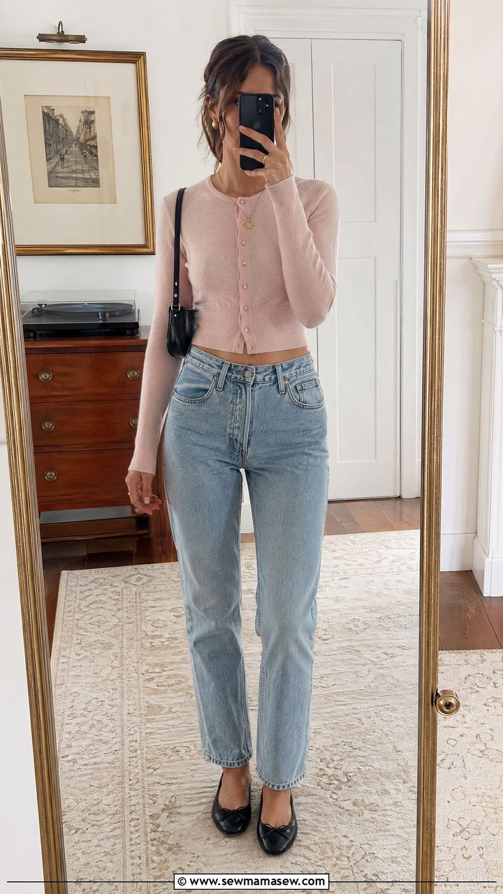 Mom Jeans with Cropped Cardigan and Ballet Flats - 35 casual mom jeans outfits