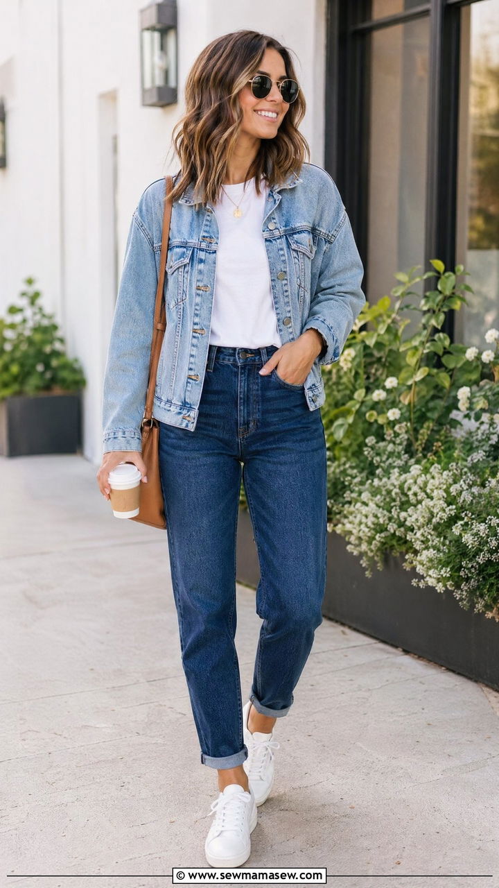 Mom Jeans with Denim Jacket and White Sneakers - 35 casual mom jeans outfits