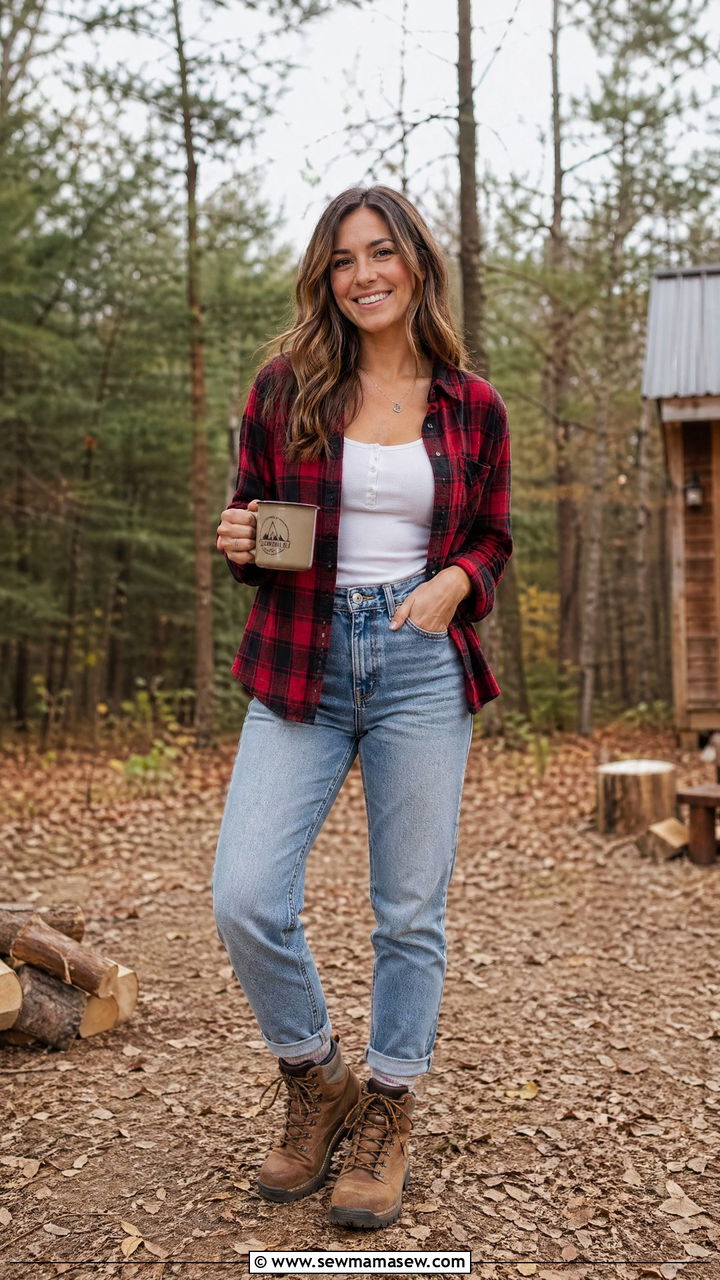 Mom Jeans with Flannel Shirt and Hiking Boots - 35 casual mom jeans outfits