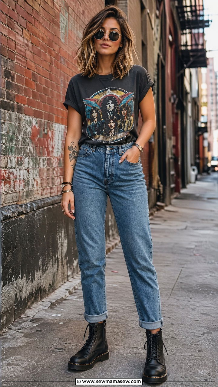Mom Jeans with Graphic Tee and Combat Boots - 35 casual mom jeans outfits