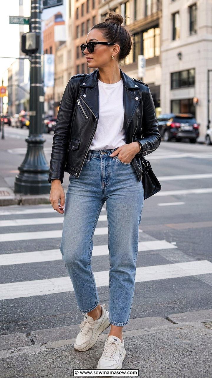Mom Jeans with Leather Jacket and Trainers - 35 casual mom jeans outfits