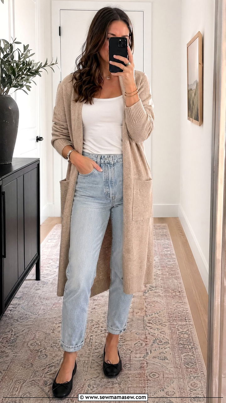 Mom Jeans with Long Cardigan and Ballet Flats - 35 casual mom jeans outfits