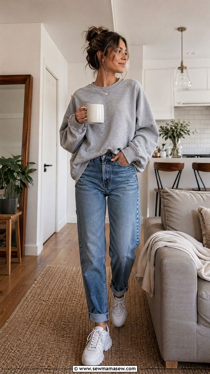 Mom Jeans with Oversized Sweatshirt and Dad Sneakers - 35 casual mom jeans outfits