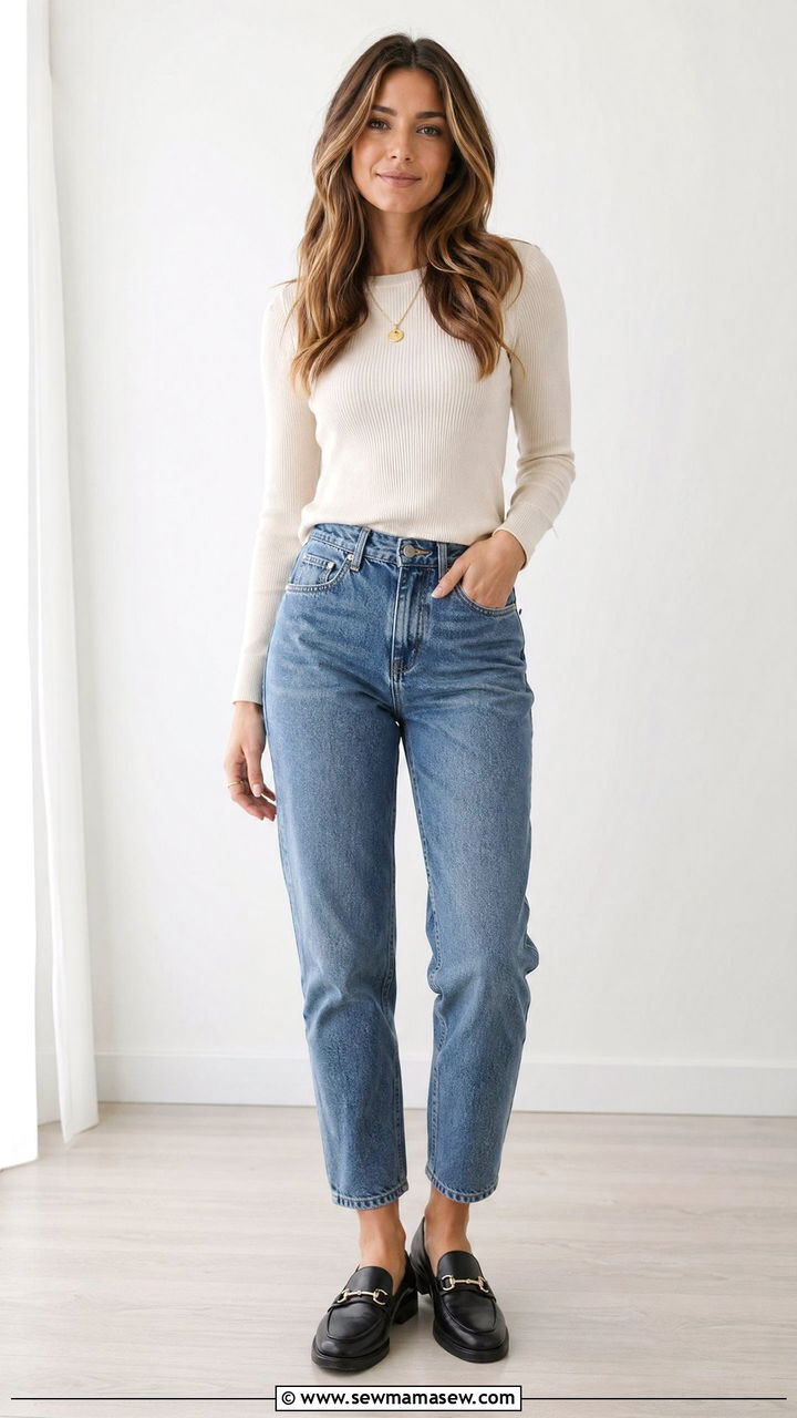 Mom Jeans with Ribbed Long Sleeve and Loafers - 35 casual mom jeans outfits