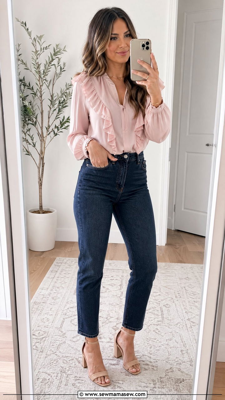 Mom Jeans with Ruffled Blouse and Block Heels - 35 casual mom jeans outfits