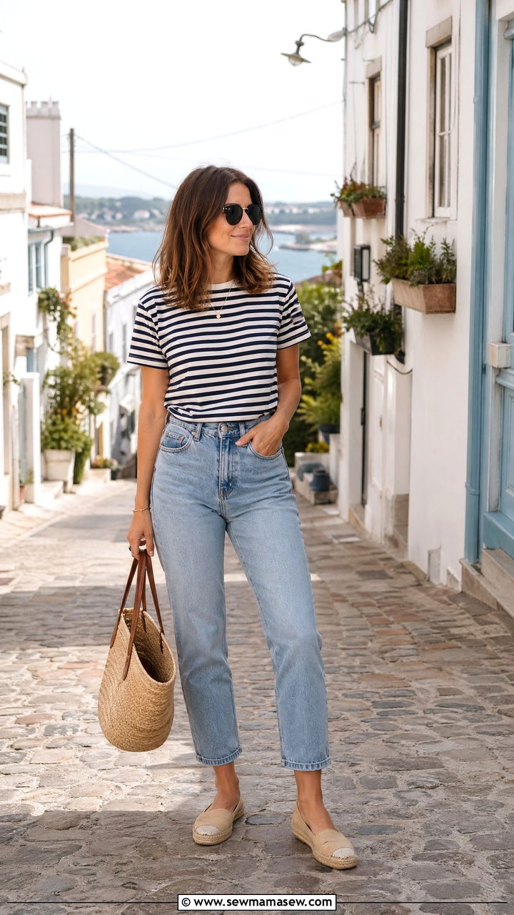 Mom Jeans with Striped Tee and Espadrilles - 35 casual mom jeans outfits