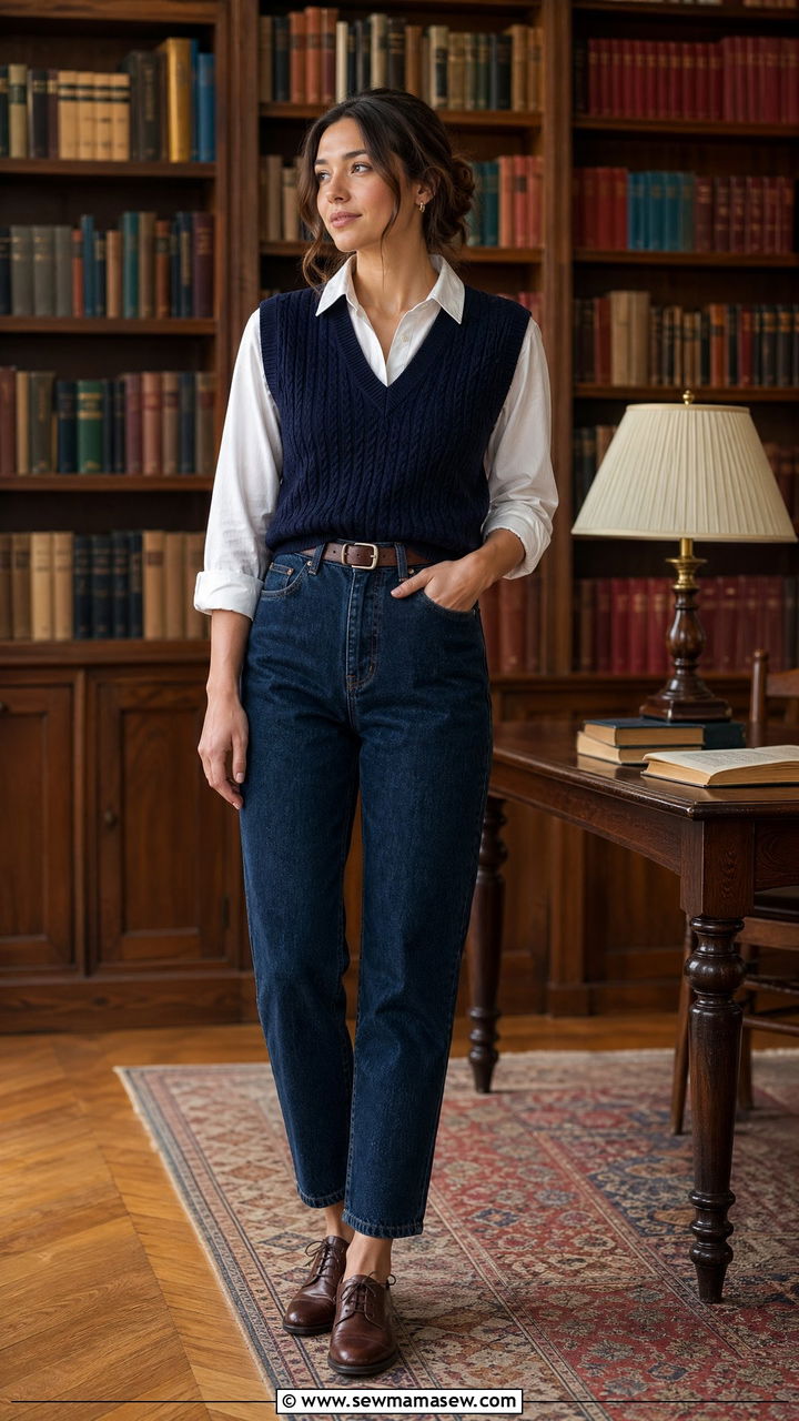 Mom Jeans with Sweater Vest and Oxford Shoes - 35 casual mom jeans outfits