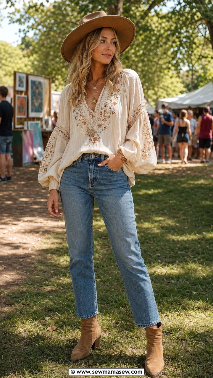Mom Jeans with a Boho Embroidered Blouse and Suede Ankle Boots - 35 mom jeans outfit ideas for women