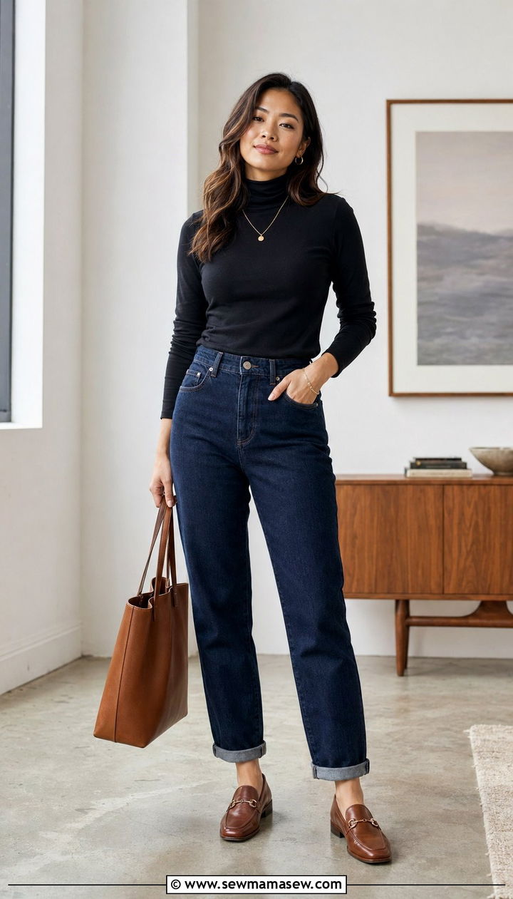 Mom Jeans with a Fitted Turtleneck and Loafers - 35 mom jeans outfit ideas for women
