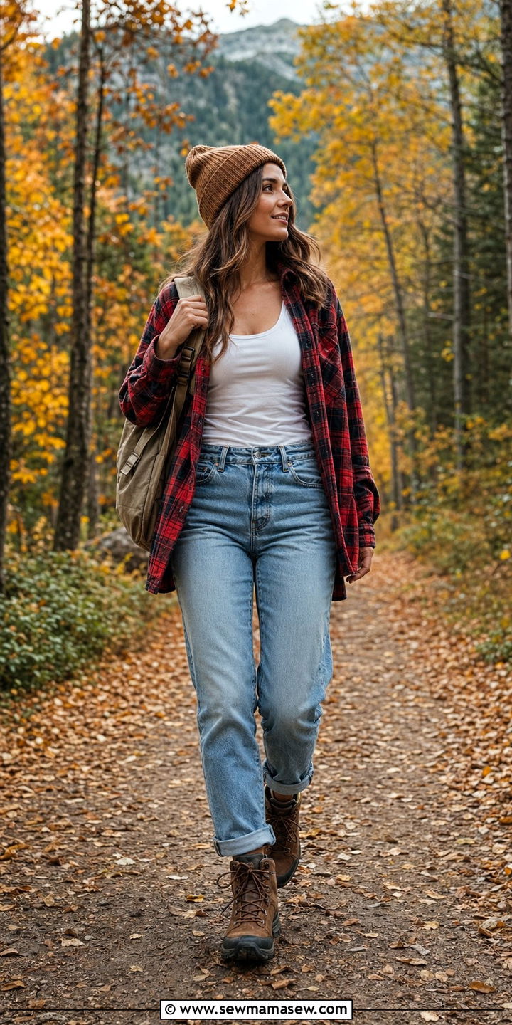 Mom Jeans with a Flannel Shirt and Hiking Style Boots - 35 mom jeans outfit ideas for women