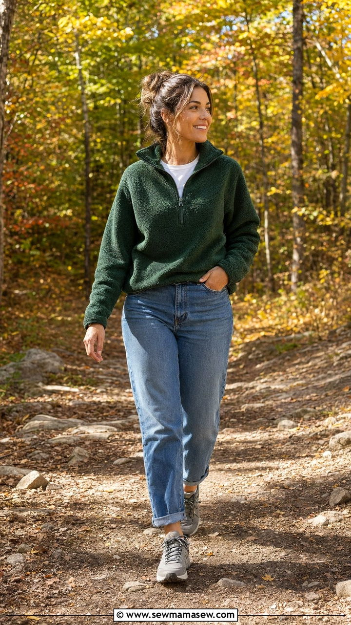 Mom Jeans with a Fleece Quarter Zip and Trail Sneakers - 35 mom jeans outfit ideas for women