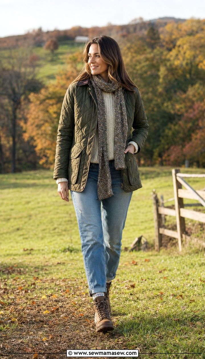 Mom Jeans with a Quilted Barn Jacket and Hiking Boots - 35 mom jeans outfit ideas for women