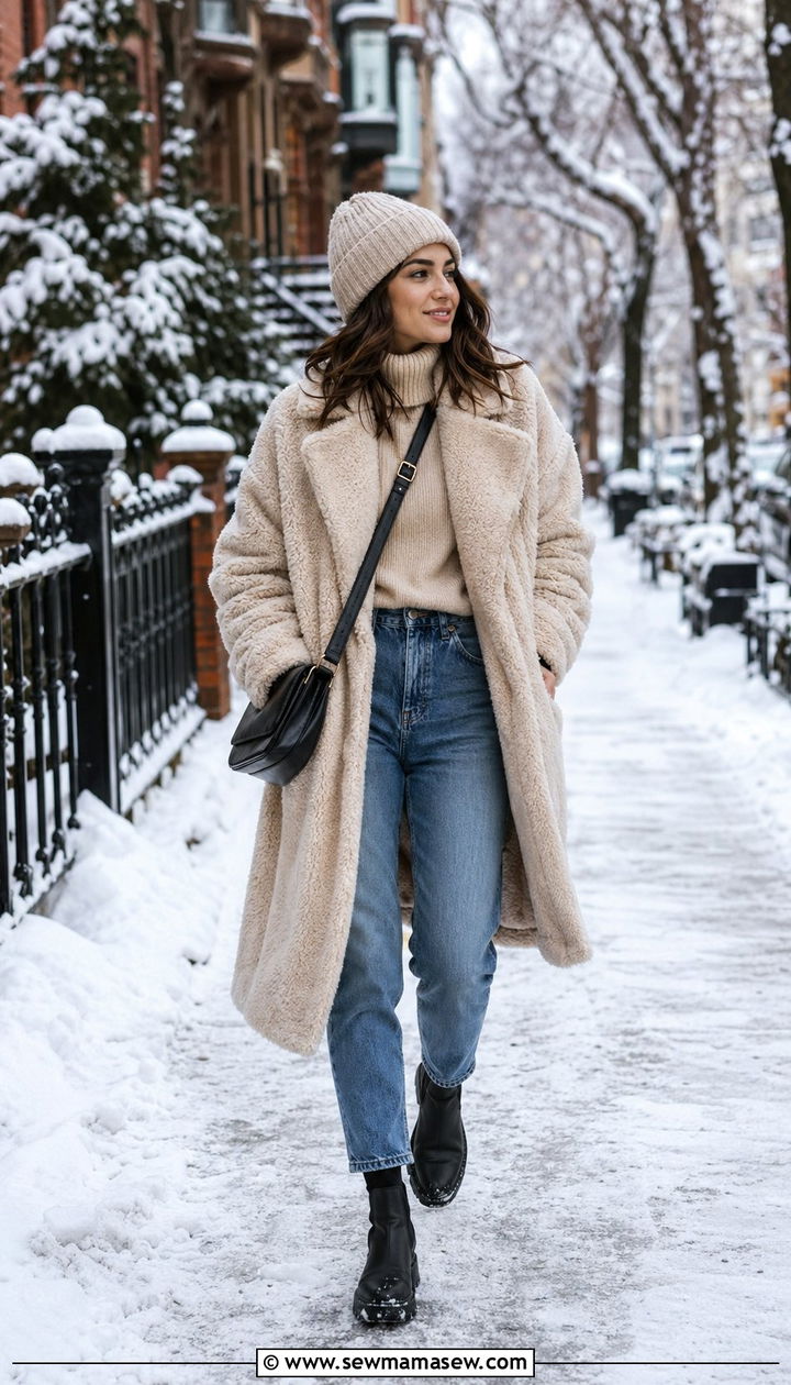 Mom Jeans with a Teddy Bear Coat and Chunky Chelsea Boots - 35 mom jeans outfit ideas for women