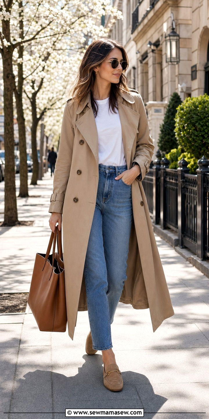 Mom Jeans with a Trench Coat and Suede Loafers - 35 mom jeans outfit ideas for women