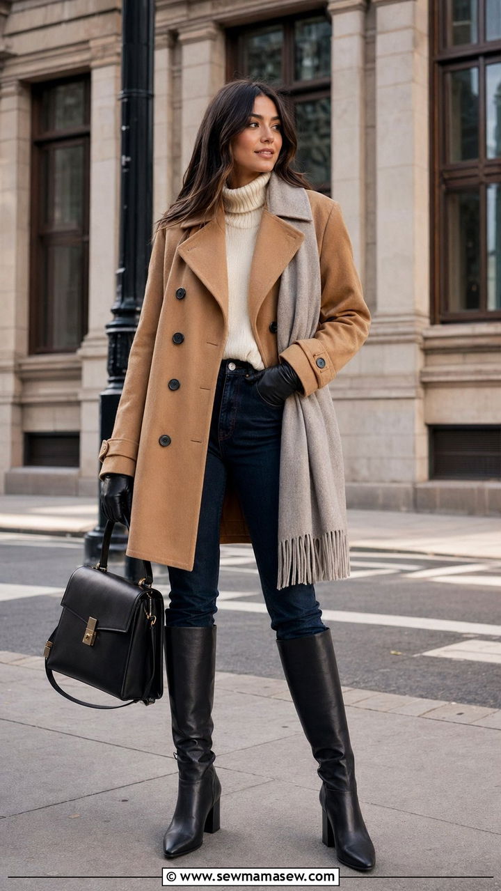 Mom Jeans with a Wool Peacoat and Knee High Boots - 35 mom jeans outfit ideas for women