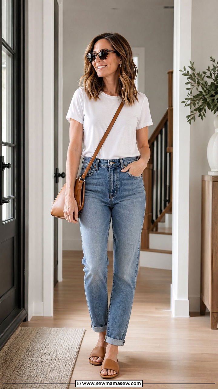 Mom jeans and white tee outfit - 35 Casual outfits for moms