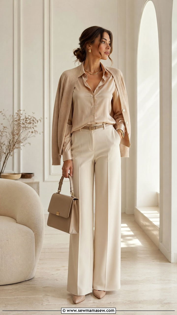 Monochromatic Beige Ensemble With Wide Leg Trousers And Silk Blouse - 35 spring old money outfits
